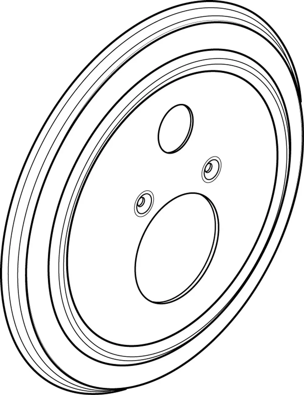 Runde, flache Rosette mit mehreren Öffnungen und Sicken, möglicherweise für eine Badarmatur, gefertigt von Ideal Standard.